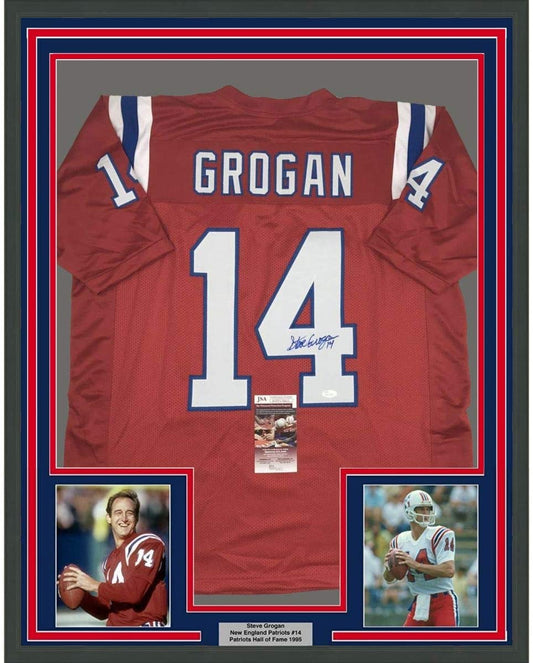 Framed Autographed/Signed Steve Grogan 35x39 New England Red Football Jersey JSA COA
