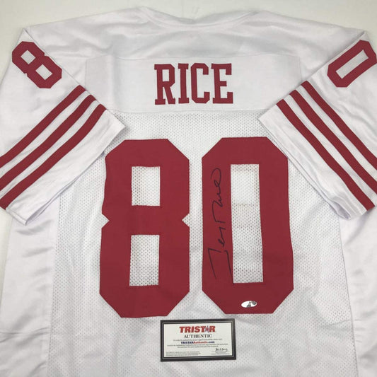 Autographed/Signed Jerry Rice San Francisco White Football Jersey Tristar COA