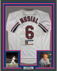 Framed Autographed/Signed Stan Musial 35x39 St. Louis White Baseball Jersey PSA/DNA COA