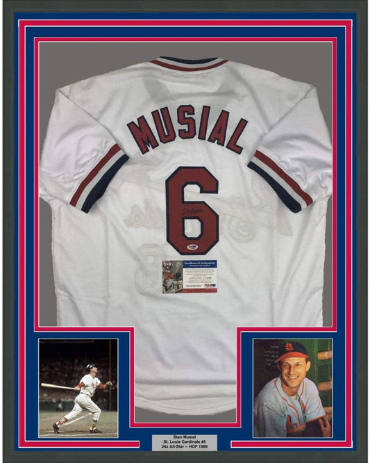 Framed Autographed/Signed Stan Musial 35x39 St. Louis White Baseball Jersey PSA/DNA COA