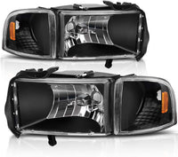 Autosaver88 Headlight Assembly Compatible With 1994 1996 1997 1998 1999 2000 2001 2002 Dodge Ram 15002002 Pickup 2500 3500 Black Housing Amber Reflector Corner Lights