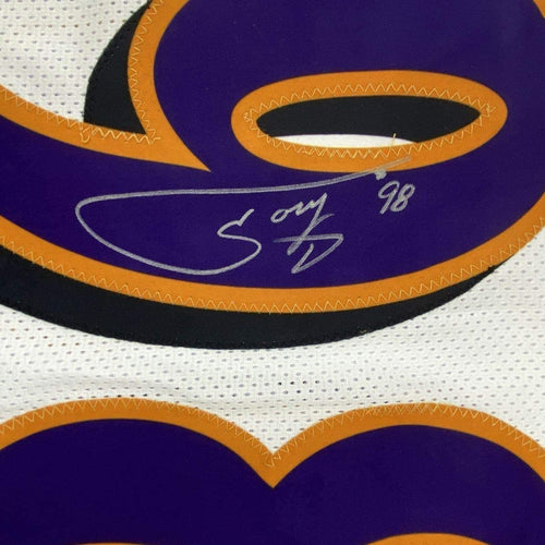 Framed Autographed/Signed Tony Siragusa 35x39 Baltimore White Football Jersey JSA COA