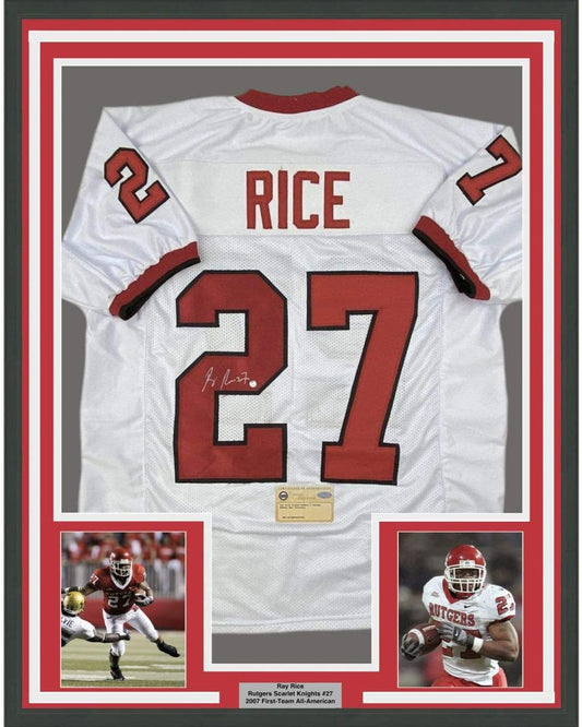 Framed Autographed/Signed Ray Rice 35x39 Rutgers White College Football Jersey Steiner Sports COA