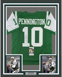 Framed Autographed/Signed Chad Pennington 35x39 New York Green Football Jersey JSA COA