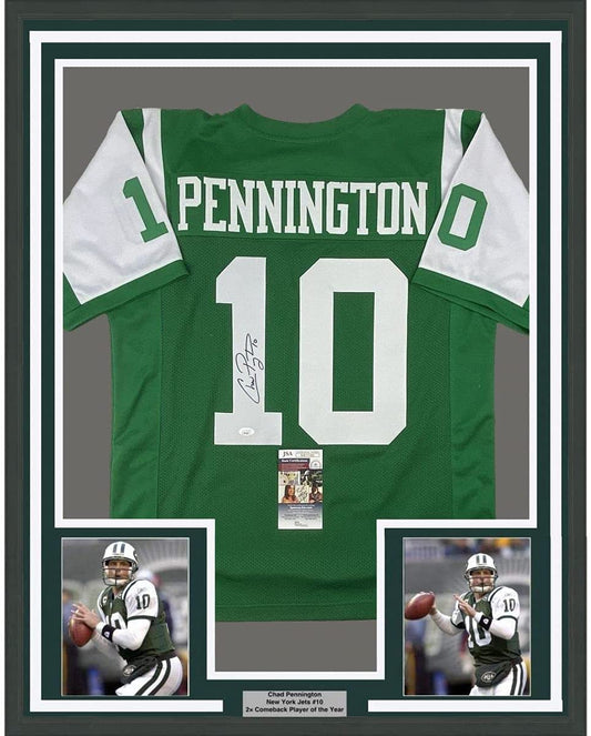 Framed Autographed/Signed Chad Pennington 35x39 New York Green Football Jersey JSA COA