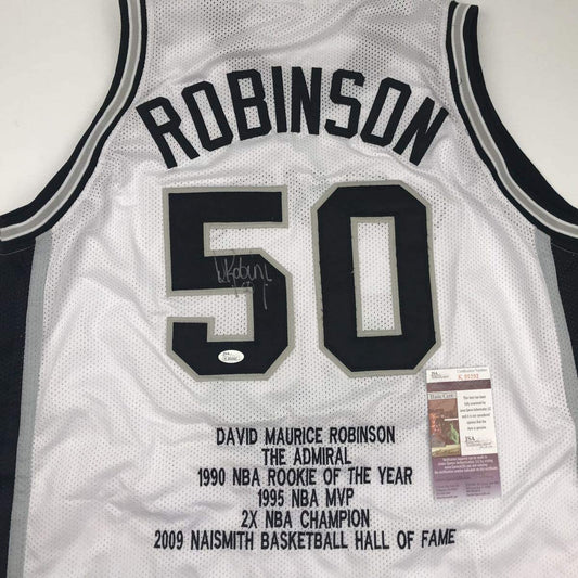 Autographed/Signed David Robinson San Antonio White Stat Basketball Jersey JSA COA
