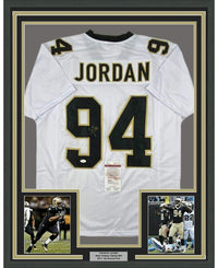 Framed Autographed/Signed Cam Cameron Jordan 35x39 New Orleans White Football Jersey JSA COA