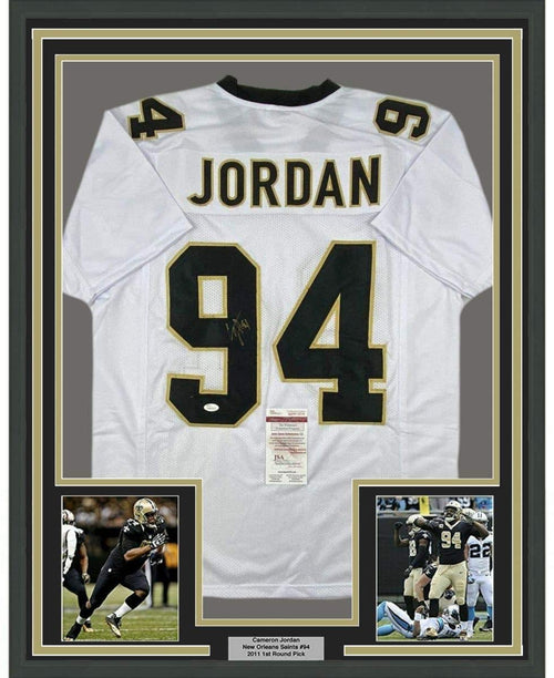 Framed Autographed/Signed Cam Cameron Jordan 35x39 New Orleans White Football Jersey JSA COA