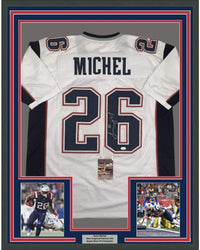 Framed Autographed/Signed Sony Michel 35x39 New England White Football Jersey JSA COA