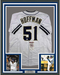 Framed Autographed/Signed Trevor Hoffman 35x39 San Diego White Baseball Jersey JSA COA