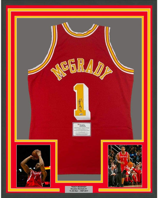 Framed Autographed/Signed Tracy McGrady 35x39 Houston Rockets Red Authentic Swingman Mitchell & Ness Basketball Jersey Fanatics COA