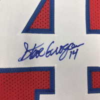Framed Autographed/Signed Steve Grogan 35x39 New England Red Football Jersey JSA COA