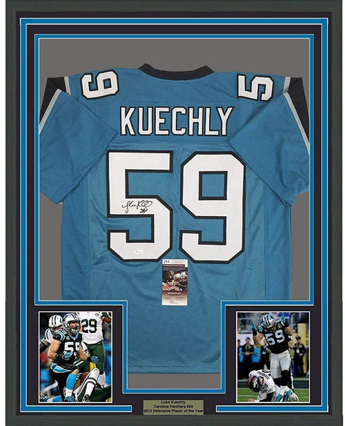 Framed Autographed/Signed Luke Kuechly 35x39 Carolina Blue Football Jersey JSA COA