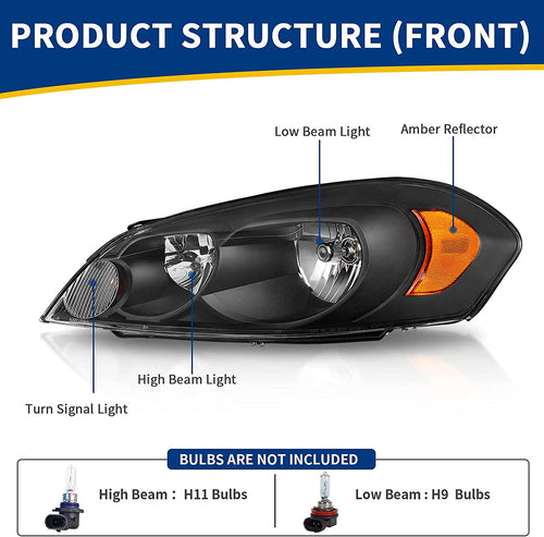 Autosaver88 Headlight Assembly Compatible With 20062013 Chevy Impala 06 07 Monte Carlo Replacement Headlamp Black Housing Amber Reflector Clear Lens A Oe