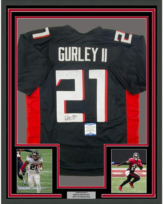 Framed Autographed/Signed Todd Gurley II 35x39 Atlanta Black Football Jersey Beckett BAS COA