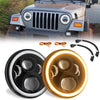 Haitzu 7 Inch LED Round Black Hilo Sealed Beam Headlight Dot Approved Compatible With Jeep Wrangler Jk Hummer H1 H2halo Amber Turn Light Drl H6024 Replacementincluded H4h13 Adaptor 2 Pcs