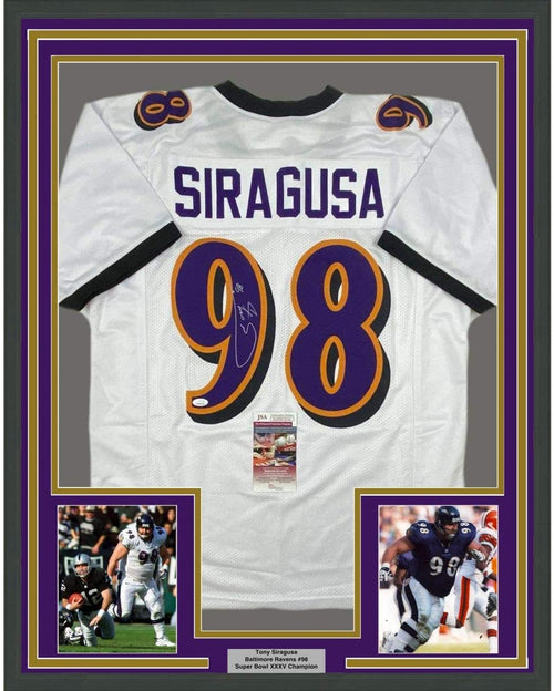 Framed Autographed/Signed Tony Siragusa 35x39 Baltimore White Football Jersey JSA COA