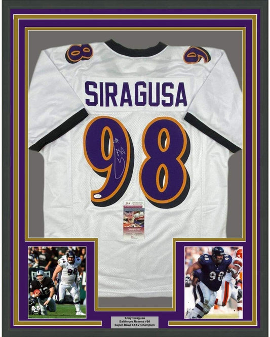 Framed Autographed/Signed Tony Siragusa 35x39 Baltimore White Football Jersey JSA COA