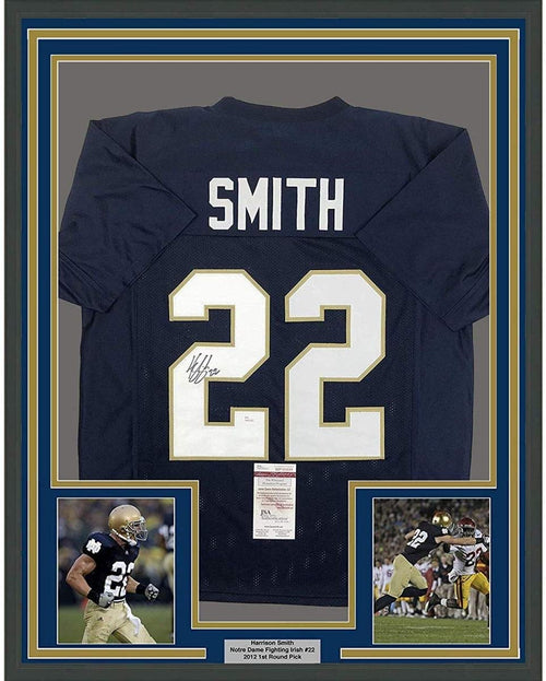 Framed Autographed/Signed Harrison Smith 35x39 Notre Dame Blue College Football Jersey JSA COA