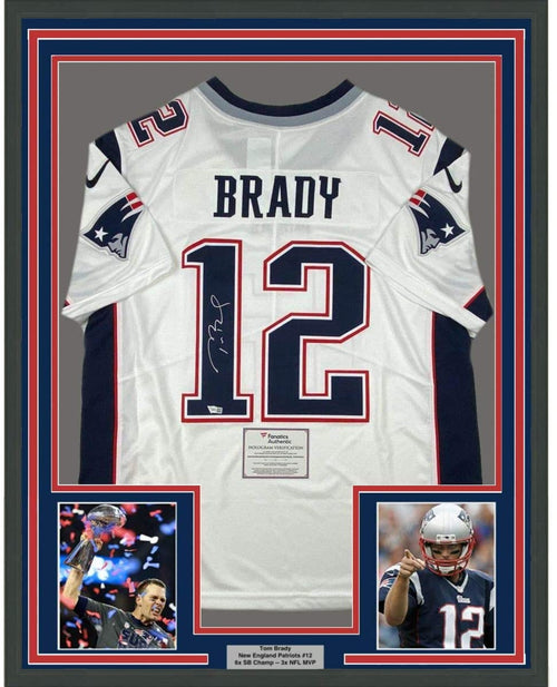 Framed Autographed/Signed Tom Brady 35x39 New England Patriots White Authentic Nike Limited Football Jersey Fanatics COA