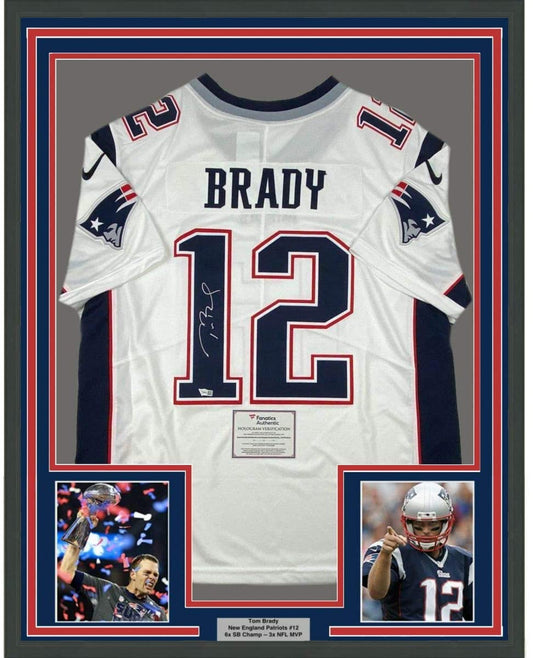 Framed Autographed/Signed Tom Brady 35x39 New England Patriots White Authentic Nike Limited Football Jersey Fanatics COA