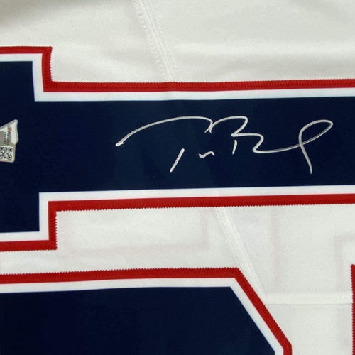 Framed Autographed/Signed Tom Brady 35x39 New England Patriots White Authentic Nike Limited Football Jersey Fanatics COA