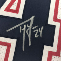 Framed Autographed/Signed Ty Law 35x39 New England White Football Jersey JSA COA