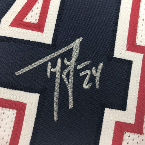 Framed Autographed/Signed Ty Law 35x39 New England White Football Jersey JSA COA