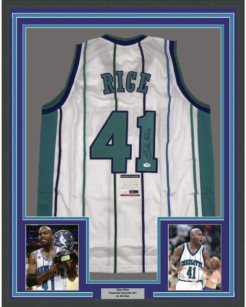 Framed Autographed/Signed Glen Rice 35x39 Charlotte White Basketball Jersey PSA/DNA COA