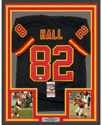 Framed Autographed/Signed Dante Hall 35x39 Kansas City Black Football Jersey JSA COA