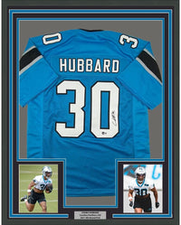 FRAMED Autographed/Signed Chuba Hubbard 35x39 Carolina Blue Football Jersey Beckett BAS COA