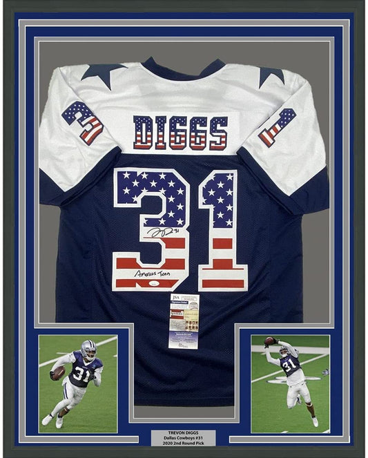 Framed Autographed/Signed Trevon Diggs 35x39 America's Team Dallas Blue Football Jersey JSA COA