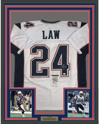 Framed Autographed/Signed Ty Law 35x39 New England White Football Jersey JSA COA