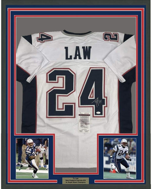 Framed Autographed/Signed Ty Law 35x39 New England White Football Jersey JSA COA