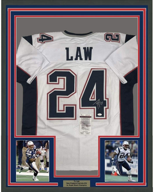 Framed Autographed/Signed Ty Law 35x39 New England White Football Jersey JSA COA