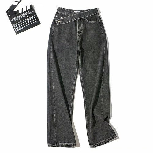 Retro Oblique Belted High Waist Straight Wide Leg Jeans for Cowgirls