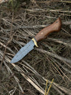 Hunting Blade – 10" Damascus Steel Knife with Rosewood Handle, Brass Guard & Leather Sheath