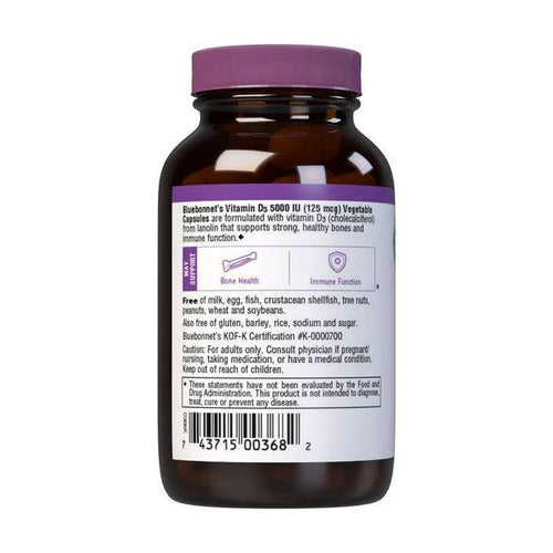 Bluebonnet Vitamin D3 5000 IU Vegetable Capsules, 100 Count