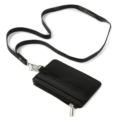 ESSENTIALS Brand Women's Adult Black Vegan Leather Lanyard with Zipper Wallet EasyOptionXY LLC