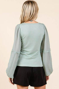 Mittoshop Mixed Media Textured Knit Chiffon Long Sleeve Top