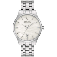 Bulova Ladies Classic Diamond Dial Stainless Steel 3-Hand Calendar Date Quartz Watch White Mother-of-Pearl Style: 96P220