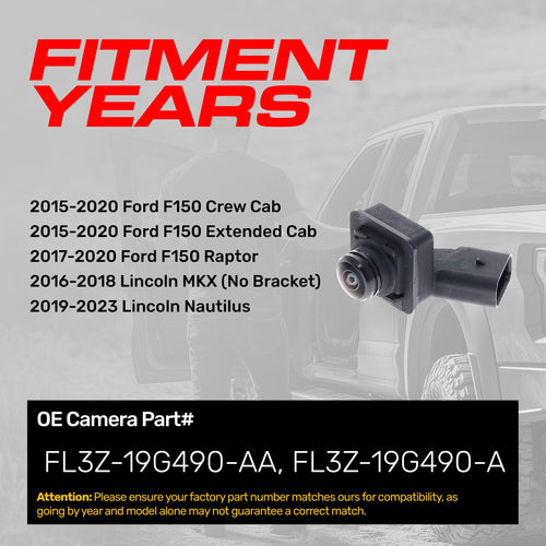Ford F150 Crew Cab (15-20), F150 Extended Cab (15-20), F150 Raptor (17-20) / Lincoln MKX (16-18), Nautilus (19-23) RIGHT Side View OEM Replacement Backup Camera OE Part # FL3Z-19G490-AA, FL3Z-19G490-A