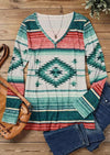 Tribal Roots V Neck Pullover | Boho Chic Long Sleeve T-Shirt