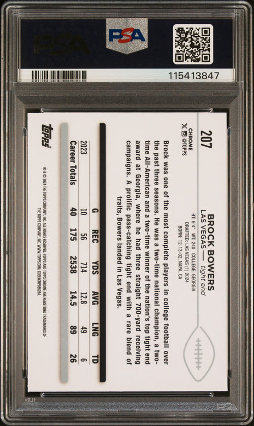 Graded 2024 Topps Chrome Brock Bowers #207 Rookie RC Football Card PSA 10 Gem Mint
