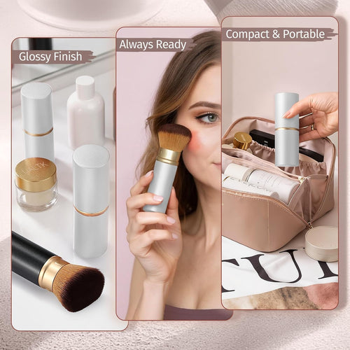 Retractable Kabuki Travel Makeup Brush, All-in-One | Ultra-soft dense bristles for powder, blush & foundation. Protective cap for mess-free travel (Color - White)
