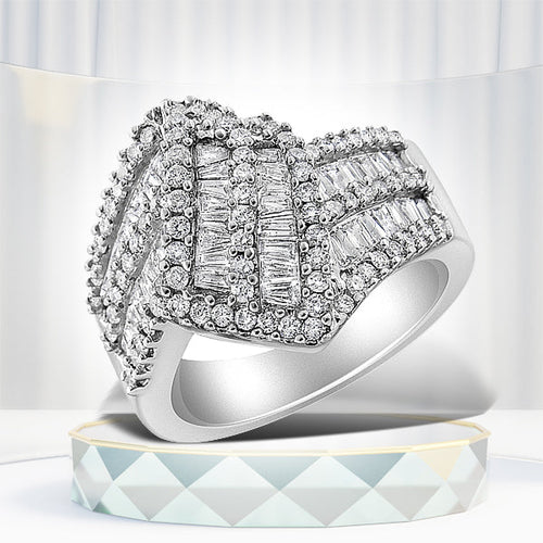 14K White Gold 1-1/2 Cttw Round and Baguette Diamond Bypass Cocktail Ring Band (H-I Color, SI1-SI2 Clarity) - Size 7