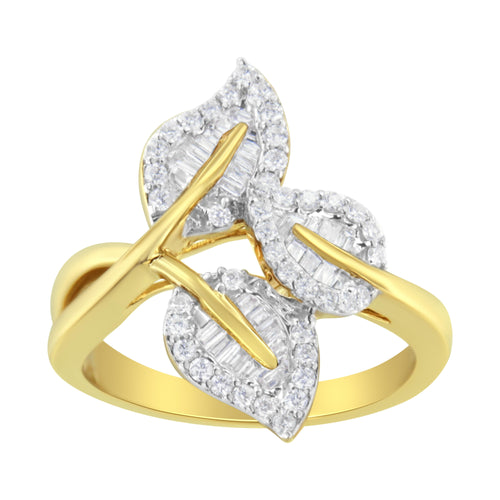 10k Yellow and White Gold 1/2 Cttw Baguette and Round Diamond Bypass Triple Leaf Ring (I-J Color, I1-I2 Clarity) - Size 7