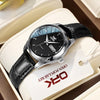 Women's Leather Strap Quartz Watch Silver Case Dual Day
