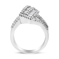 14K White Gold 1-1/2 Cttw Round and Baguette Diamond Bypass Cocktail Ring Band (H-I Color, SI1-SI2 Clarity) - Size 7