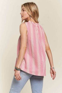 ADORA Contrast Striped Frill Round Neck Sleeveless Top